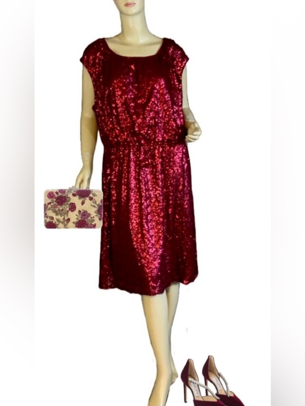 LANE BRYANT MERLOT RED JERSEY KNIT SEQUIN COCKTAIL DRESS (18/20)